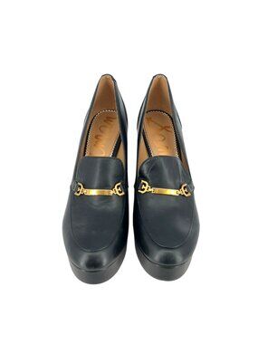 Sam Edelman Aurelie Platform Loafers Black Leather With Gold Hardware Size 8.5
